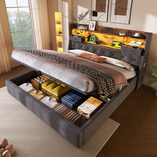 Upholstered Bed 4ft6 Hydraulic Bed With LED Lighting, USB Type-C Charging, Storage Headboard For Cellphones & Tablets, 135 X 190 Cm Double Bed With Metal Slatted Frame, Linen, Grey  No Mattress
