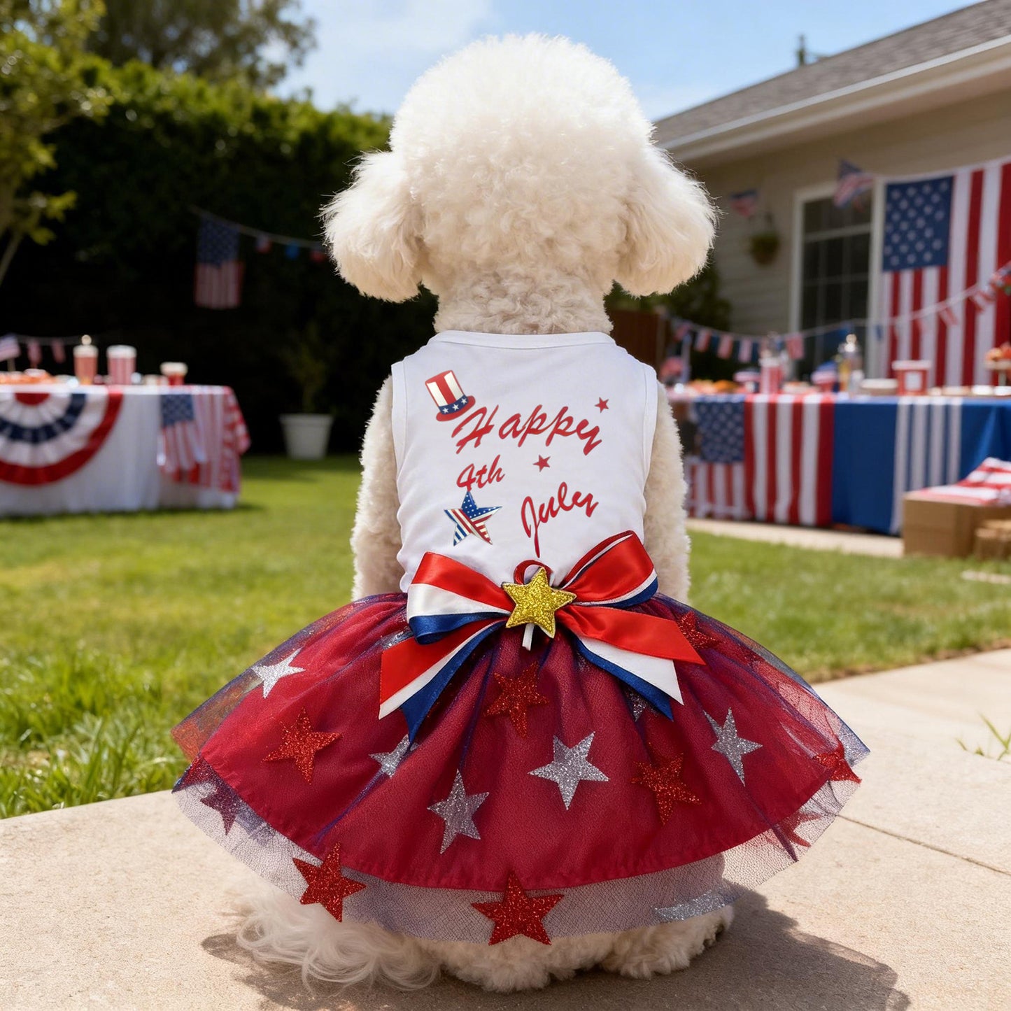 Dog Tulle Dress Independent Day Patriotic Stars Dog Outfit Sparkly Pet Holiday Dress With Bow For Small Dogs Cat Clothes