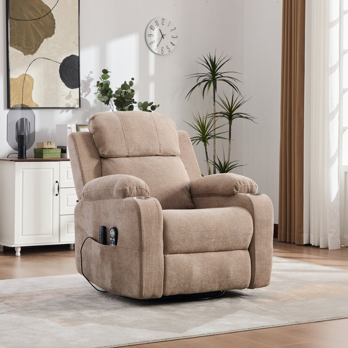Electric 360 Swivel Recliner With Massage And Heat Function, Electrically Adjustable Backrest And Footrest, As Well As Side Storage Pockets And Cup Holders.