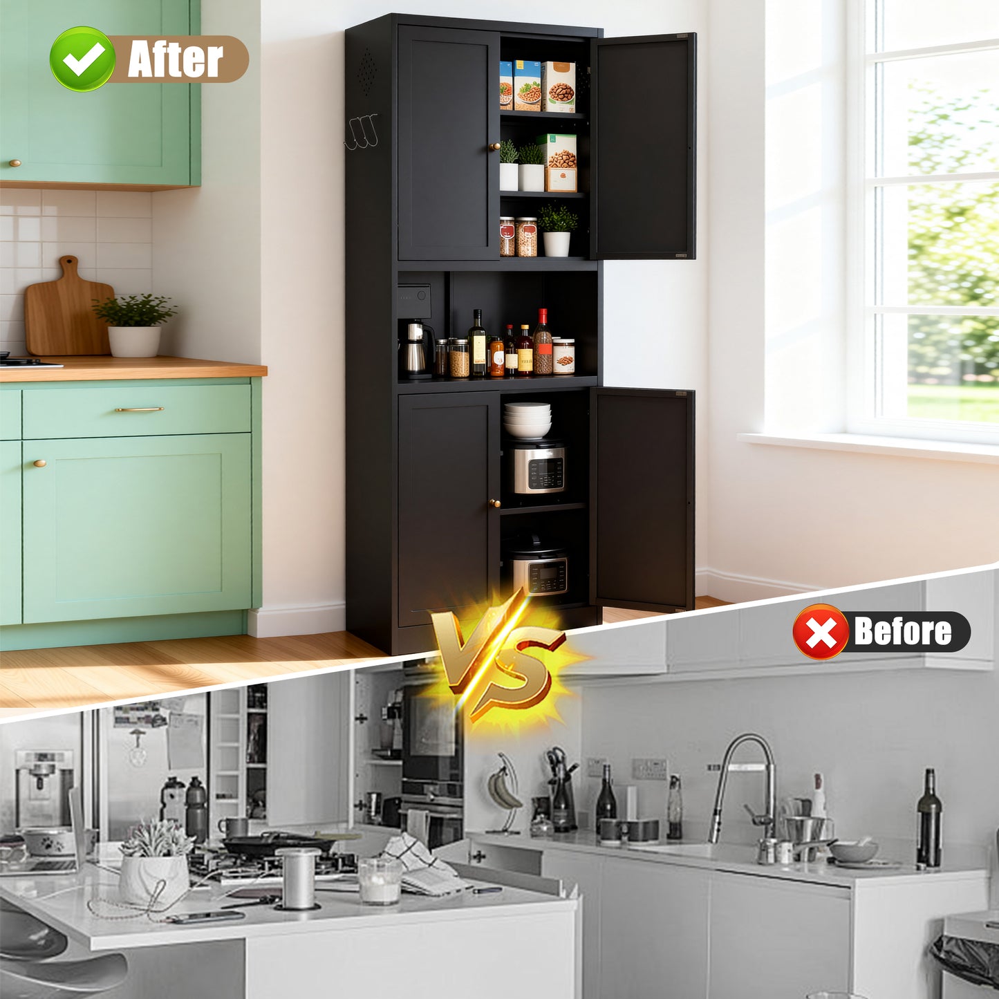 72  High Black Steel Kitchen Pantry Storage Cabinet With Large Countertop, Adjustable Shelves And Hooks, Heavy-duty Modern Style Cabinet
