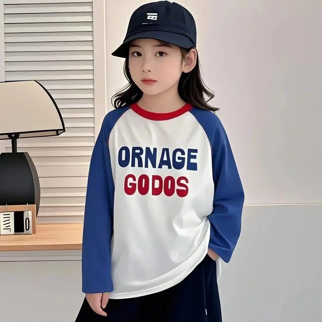 Girls' Cotton Top, Korean-Style Color-Block Raglan Long-Sleeve T-Shirt