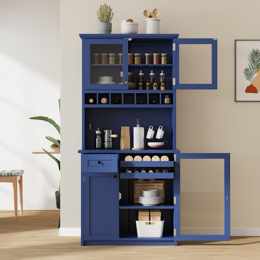 TOPMAx Farmhouse 35.4x17.7x74.8inch Freestanding Buffet With Hutch  Tall Kitchen Pantry Storage Cabinet With Wine Rack And Adjustable Shelves For Dining Room  Blue