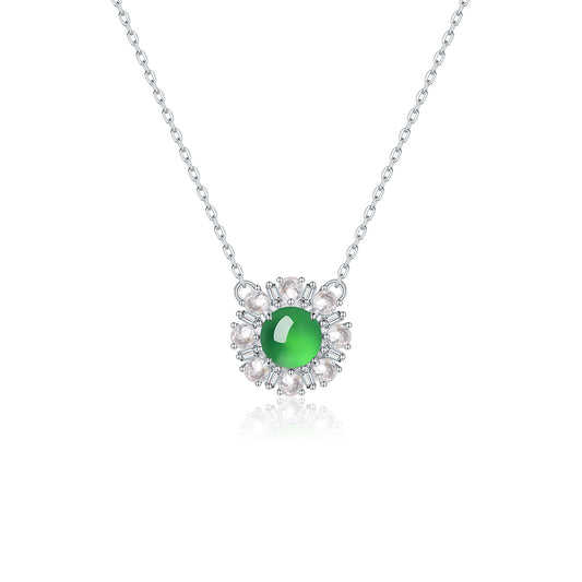 S925 Sterling Silver Necklace 45cm, 6mm Round Green Chrysoprase Pendant, Platinum Plated D Aisy Flower Jewelry For Women With Gift Box