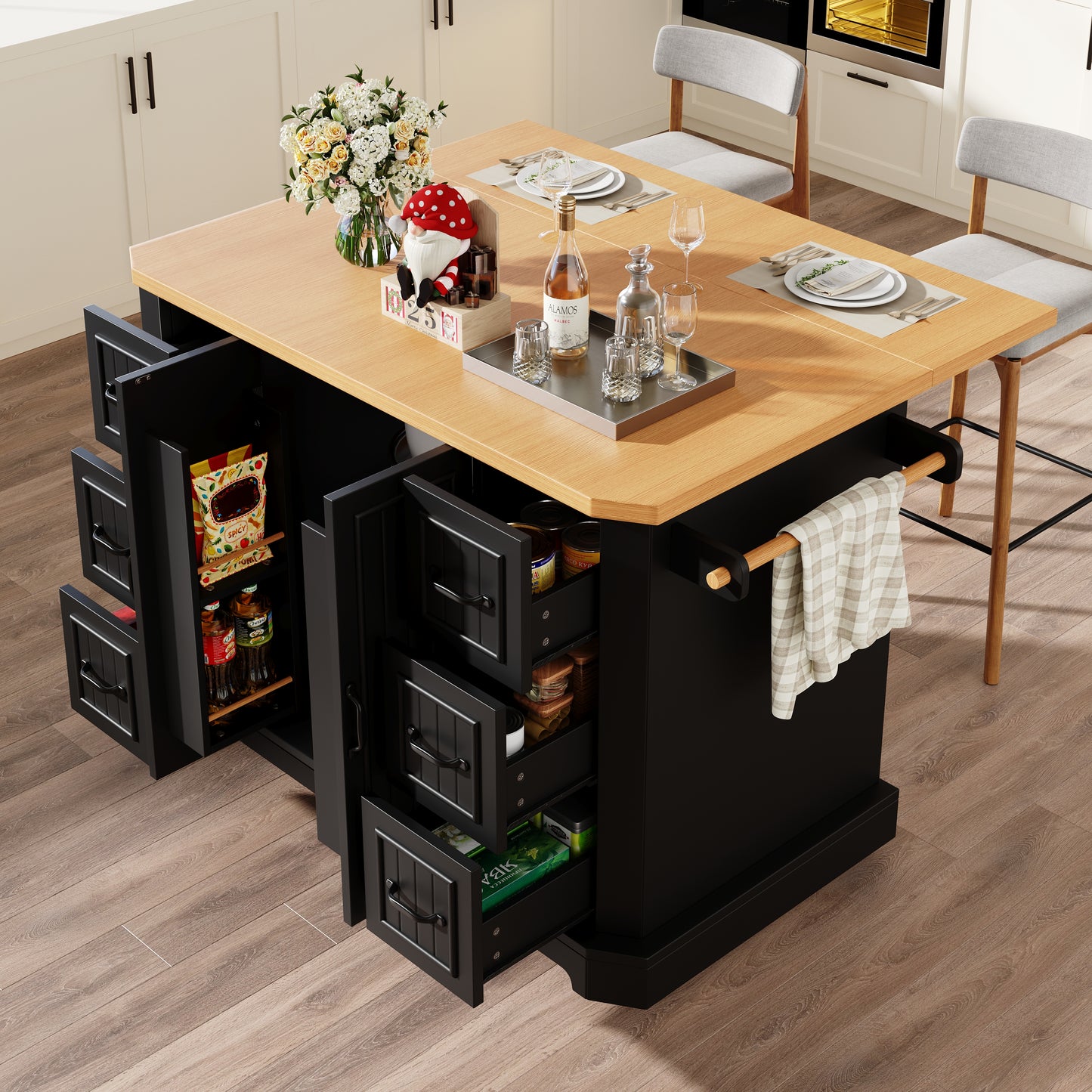 Mobile Kitchen Island Cart On Wheels - Cabinet With 2 Doors & 6 Drawers, Adjustable Width 45-75cm, White Black