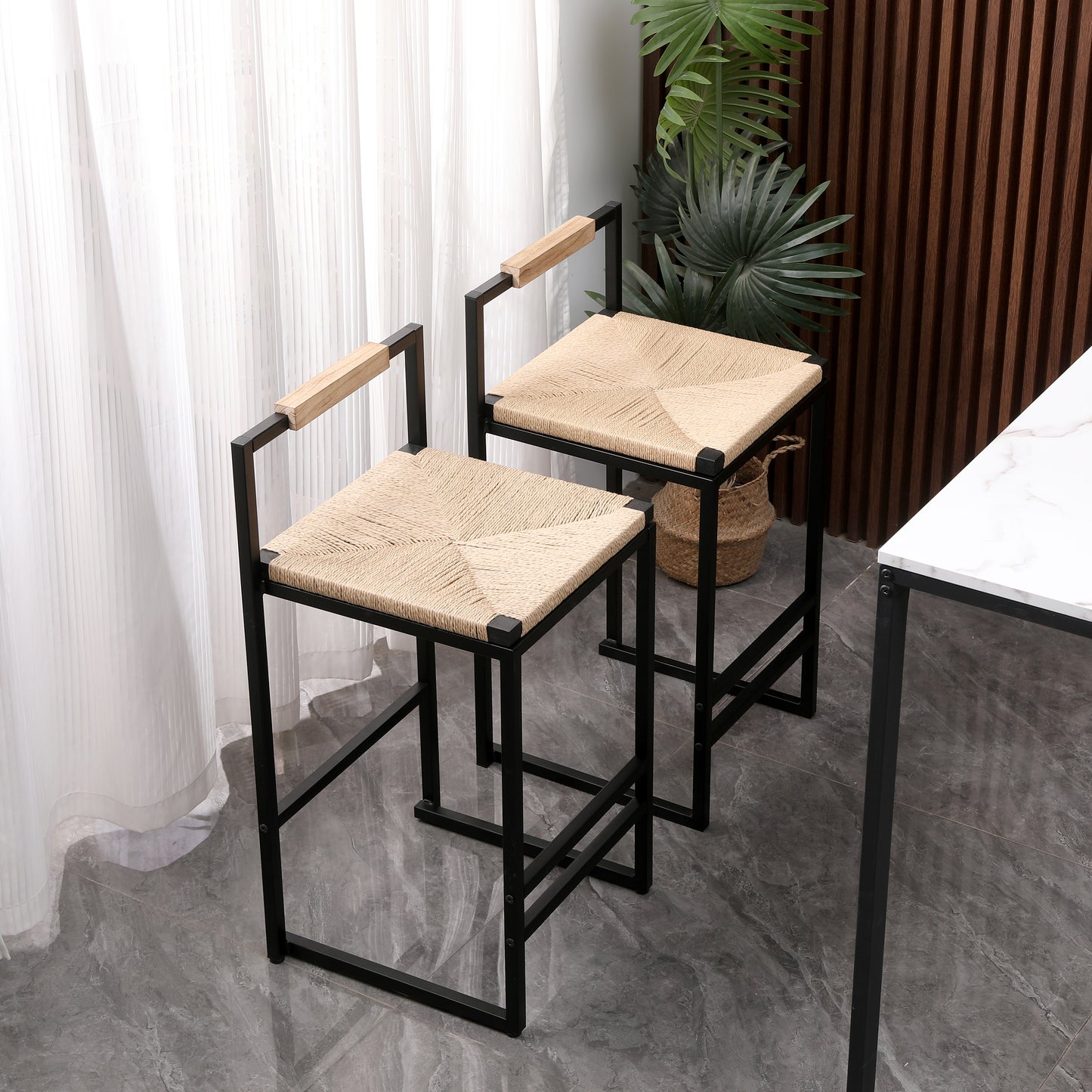 Set Of 2 Bar Stools With Back  Paper Rope Woven Counter Height Dining Chairs For Kitchen, Home  Paper Rope With Back