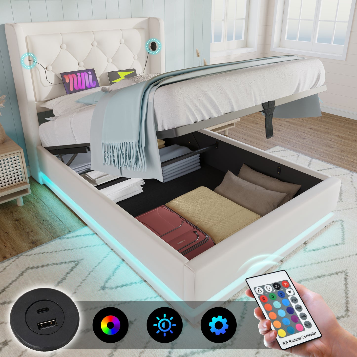 Sofa Bed Single Bed 90x200 Cm, White PU Material Hydraulic Storage Bed, Cushioned Headboard With USB Type-C Charging Function, 3-sided LED Function  Without Mattress