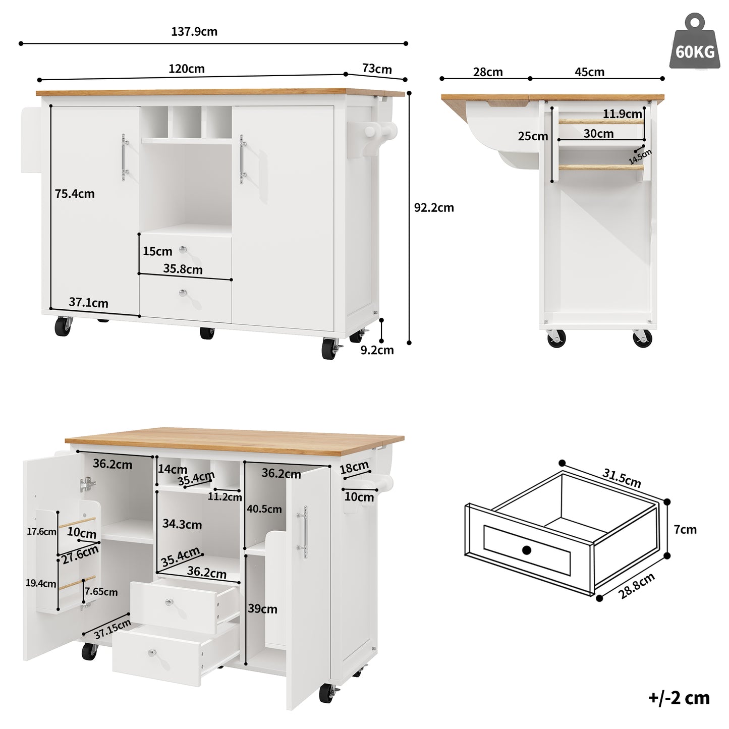 Kitchen Island Buffet Cabinet 120 X 73 X 92 Cm Kitchen Cabinet Kitchen Trolley And Folding Worktop With Towel Rail Spice Rack Door Rack Wine Rack And Adjustable Shelves, White Black