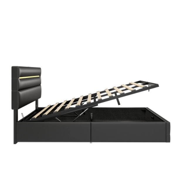 4ft6 Double Upholstered Bed Frame With Hydraulic Storage, PU Ottoman Bed With LED Lighting And Charging Station, LED Adjustable Headboard With USB And Type - C Ports, Black