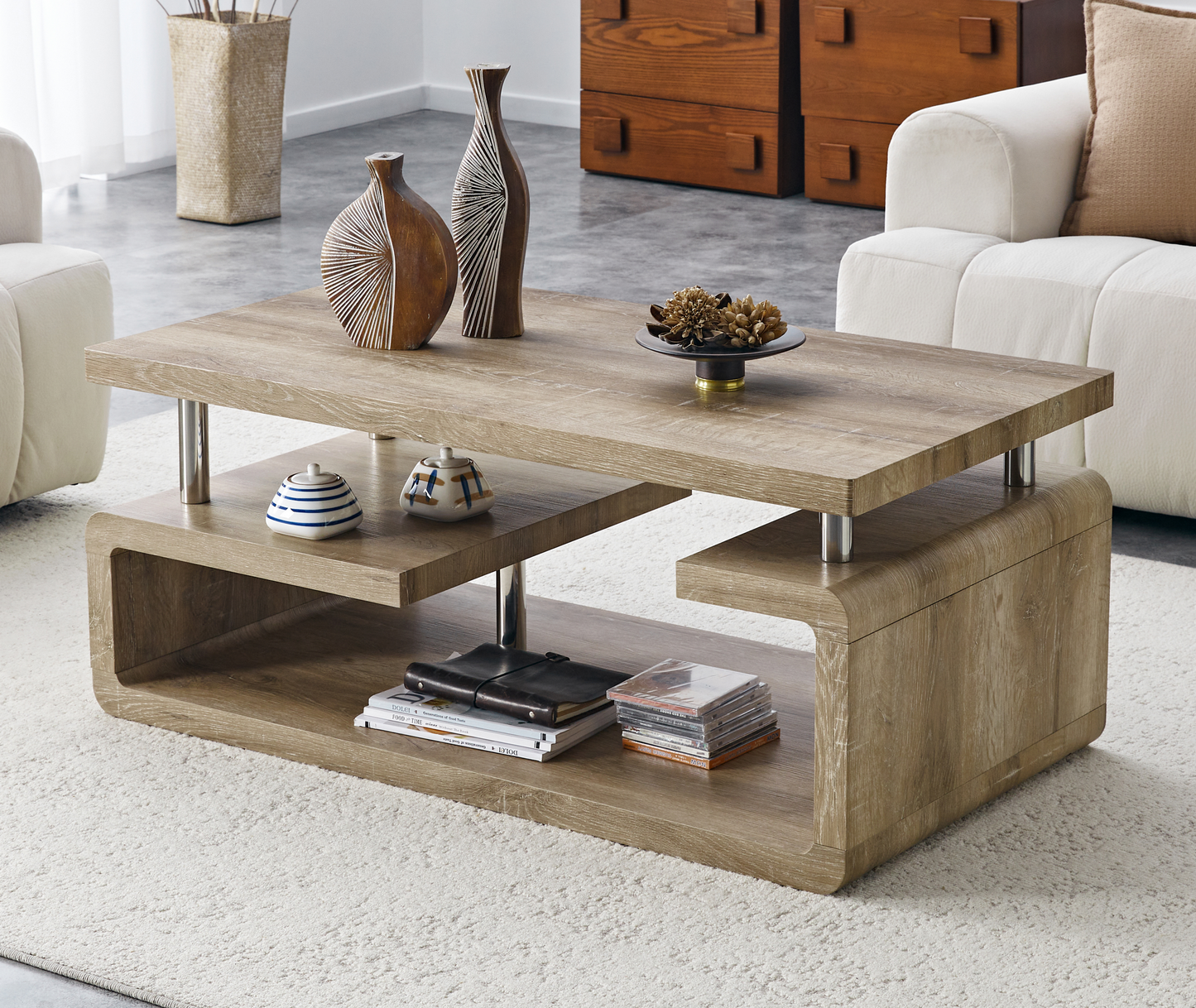 MDF Coffee Table With Carved Knife Wood Grain, Multi-Storage Open Compartments Coffee Table For Living Room Office Modern Home Decor