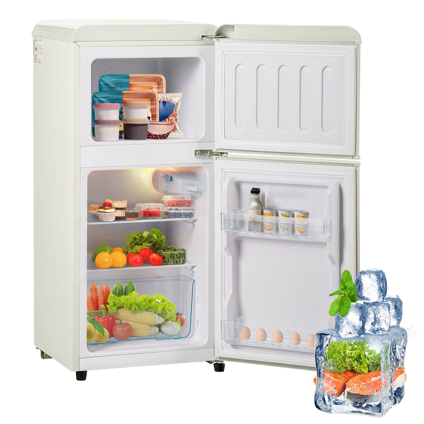 Retro-style Refrigeratorfreezer. 88.8 Cm High, Two-door, 60-liter Total Capacity, 22-liter Freezer Compartment. 102 KWh Year,, LED Lighting. Cream White, Energy Efficiency