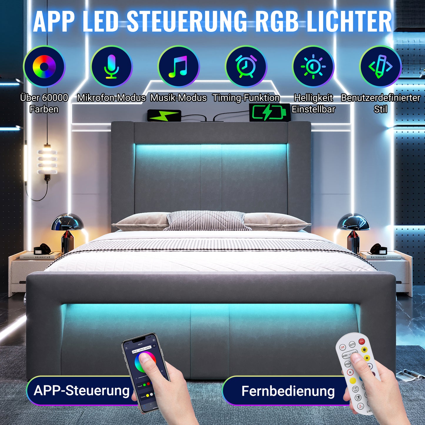 Single Bed 90x200 Cm With Storage, Hydraulic Bed, LED Lighting With App Control, USB & Type-C Charging Ports, Velvet, Headboard With Curved Design, Grey, Without Mattress