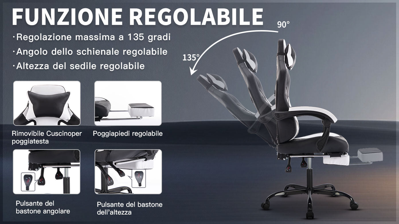 Gaming Chair With Massage,Ergonomic PC Gaming Chair With Footrest Comfortable Headrest And Lumbar Support,High Back PVC Leather,300LBS Black White