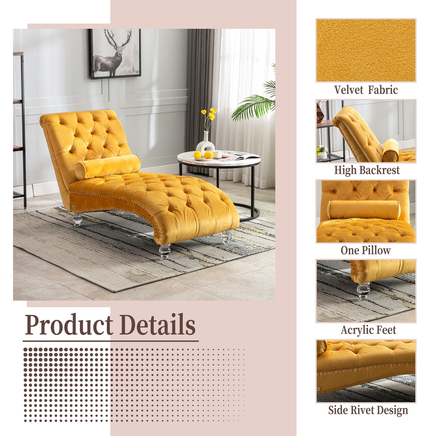 Velvet Chaise Lounge Indoor,Button-Tufted Upholstered Chaise Lounge Chair With Pillow For Bedroom Living Room Office  Mustard Velvet