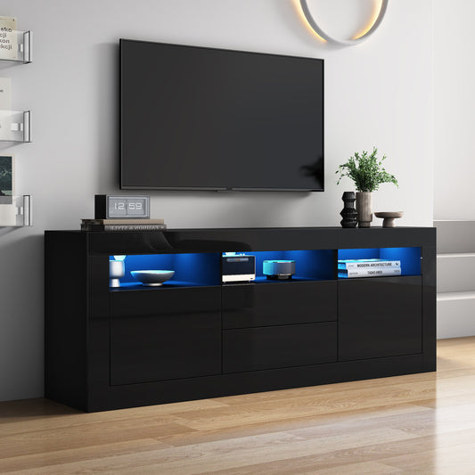 160x35x60cm High Gloss TV Cabinet With LED Lighting, 3 Open Compartments, 2 Doors, 2 Drawers, Smart App Control, For 70 Inch TV,High Gloss TV Stand