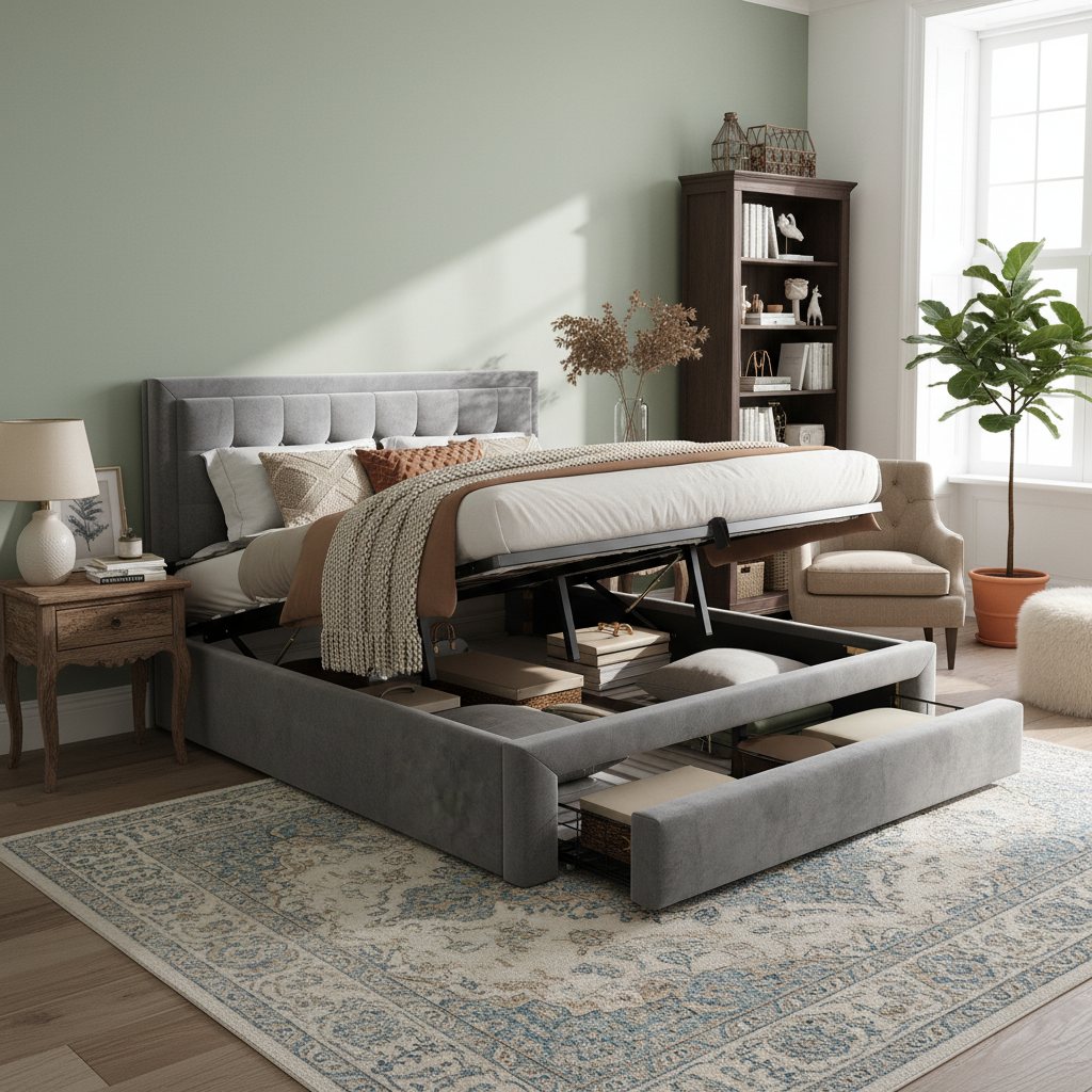 Upholstered Bed 140x190 With Slatted Base And Headboard, Storage Bed, Hydraulic Upholstered Bed, Double Bed, With 2 Drawers, Wooden Slat Support, Velvet, Grey