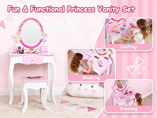 Kids Vanity Set Floral Printed Wooden Makeup Dressing Princess Table With Mirror And Stool For Role Playing Pink