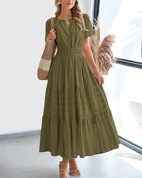 Spring Summer New Arrival Women's Dress, Fashion V-Neck Ruched Puff Sleeve Tiered Swing Dress