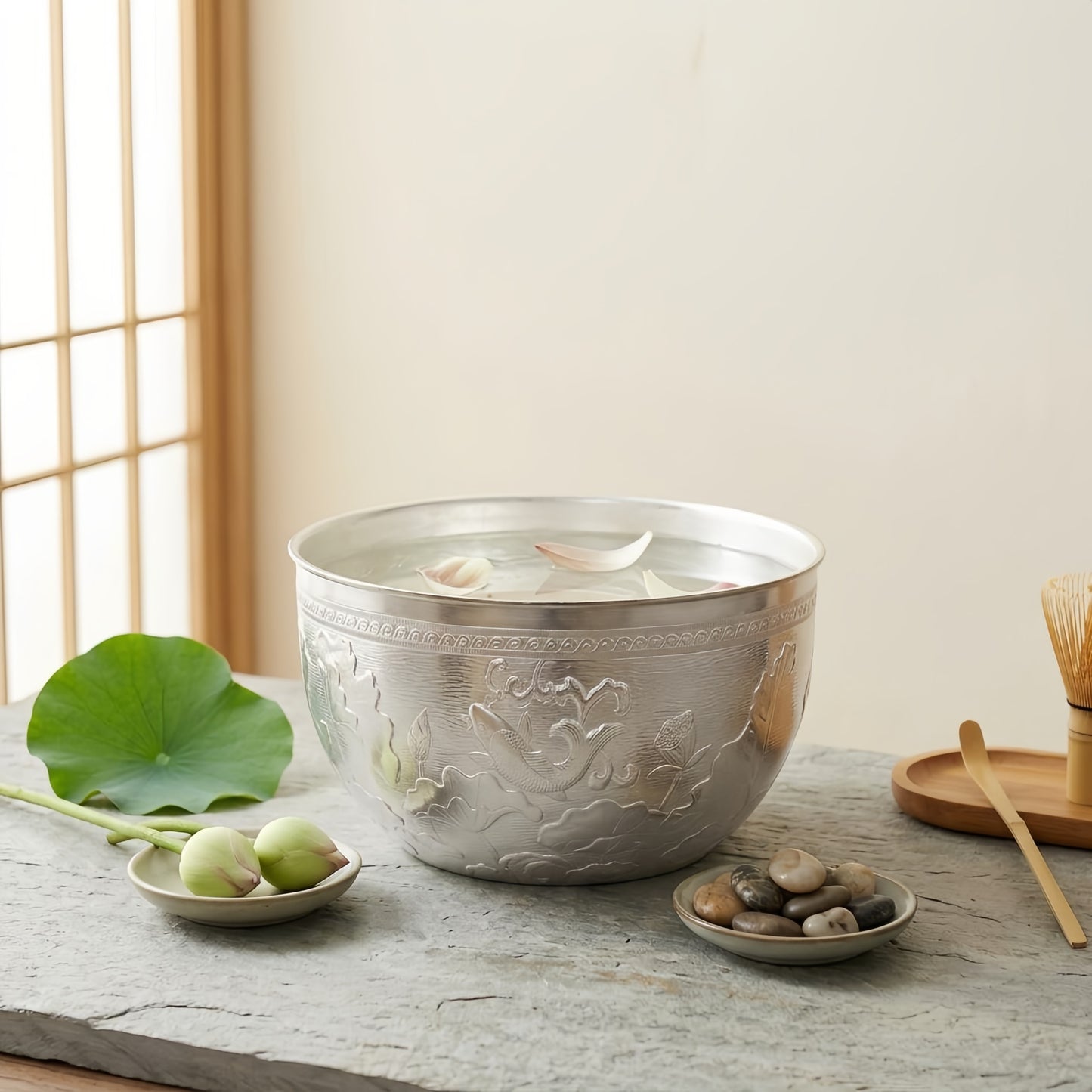 Pure 999 Fine Silver Antique  Bowl with Intricate Fish and Lotus Engravings-Fine tea bowl - Handicraft