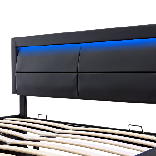 Upholstered Bed 150 X 200 Cm, King Size Bed-5ft,with USB Port Supports Wireless And Wired Charging, With LED Lighting And Storage Space, Without Mattress, PU Lychee Pattern, Black