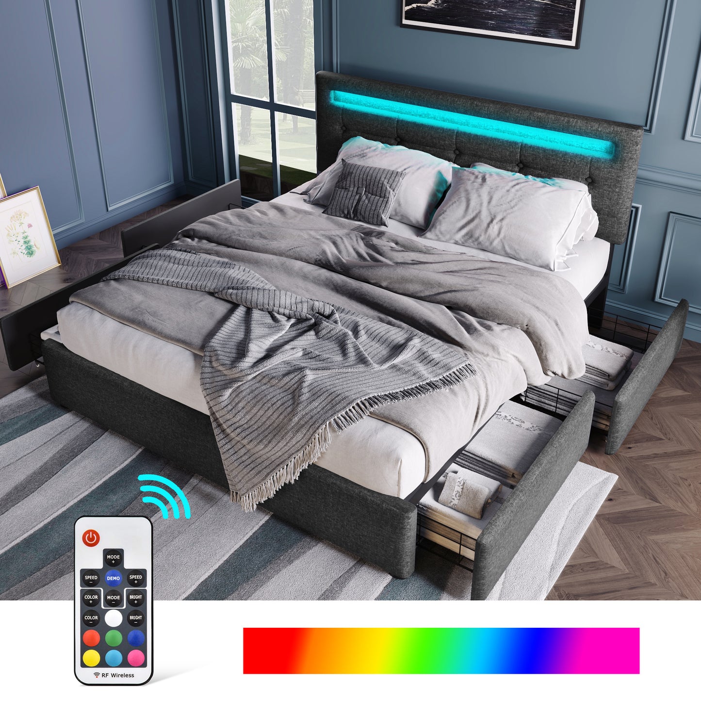 Bed Frame With LED Lighting And 4 Drawers, Double Bed Upholstered Bed 140x200cm, Height-adjustable Headboard, Wooden Slatted Base, Grey Without Mattress