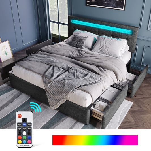 Bed Frame With LED Lighting And 4 Drawers, Double Bed Upholstered Bed 140x200cm, Height-adjustable Headboard, Wooden Slatted Base, Grey Without Mattress