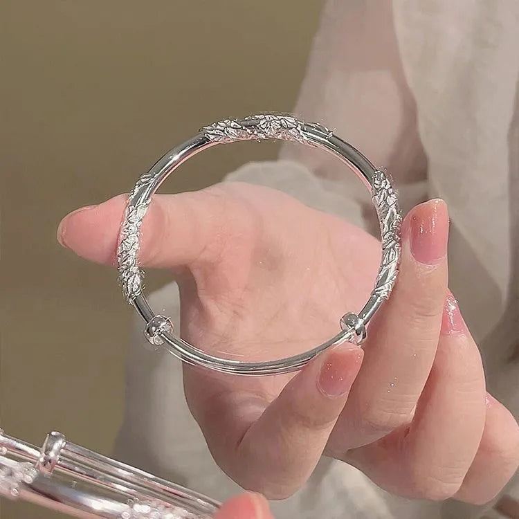 1pcs 925 Sterling Silver Floral Retractable Silver Bangle, Classic Retro Style, Ideal For Birthday & Holiday Gifts