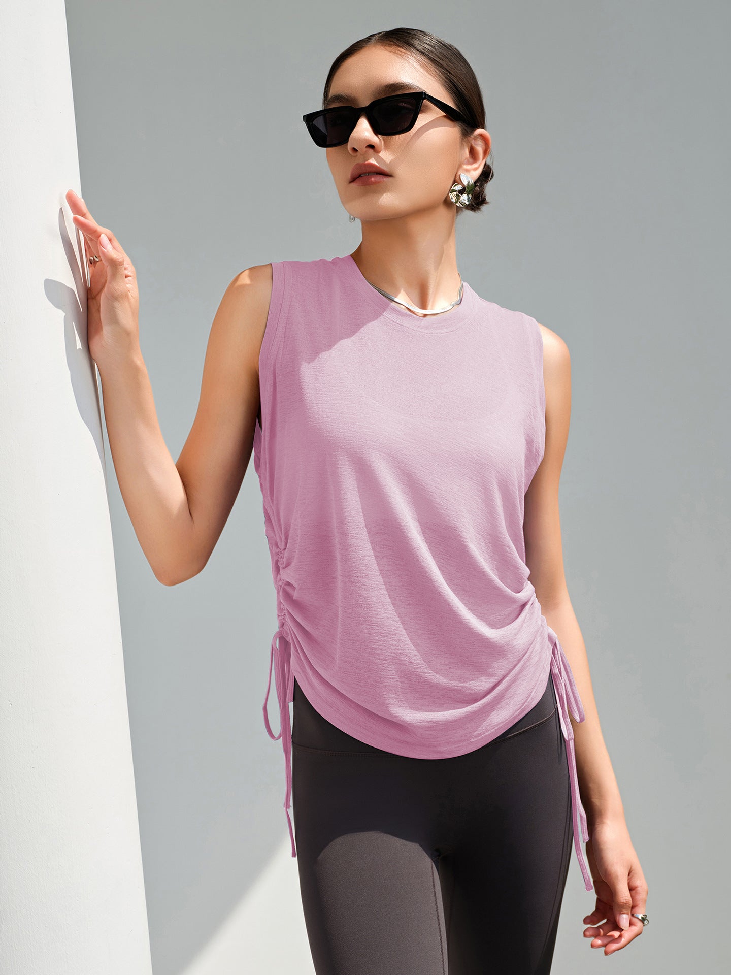 Women's Spring & Summer New Drawstring Sports Top, Loose Casual Quick-Dry Sleeveless Yoga Tank Top, Thin Fitness Shirt