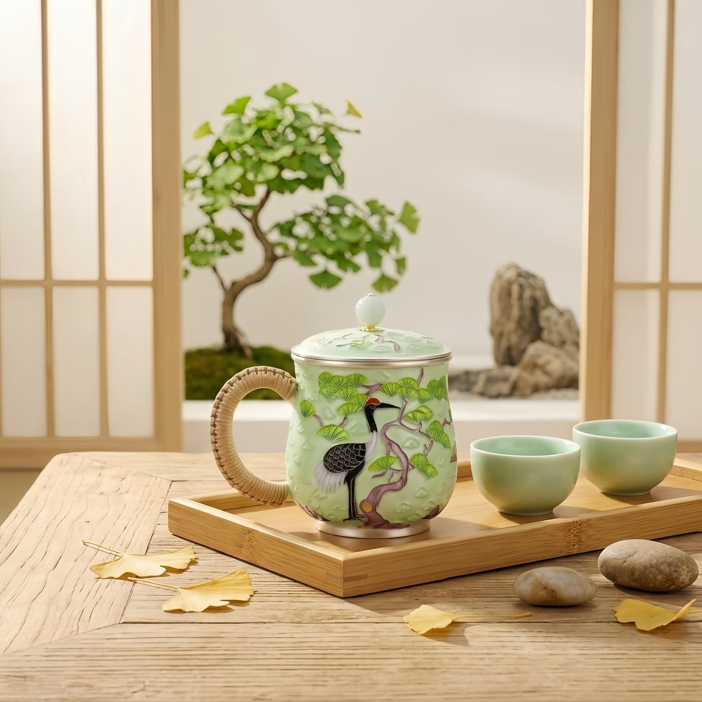 925 Sterling Silver Oriental Crane and Pine Tree Enamel Tea Mug with Woven Handle and Finial Lid - Handicraft