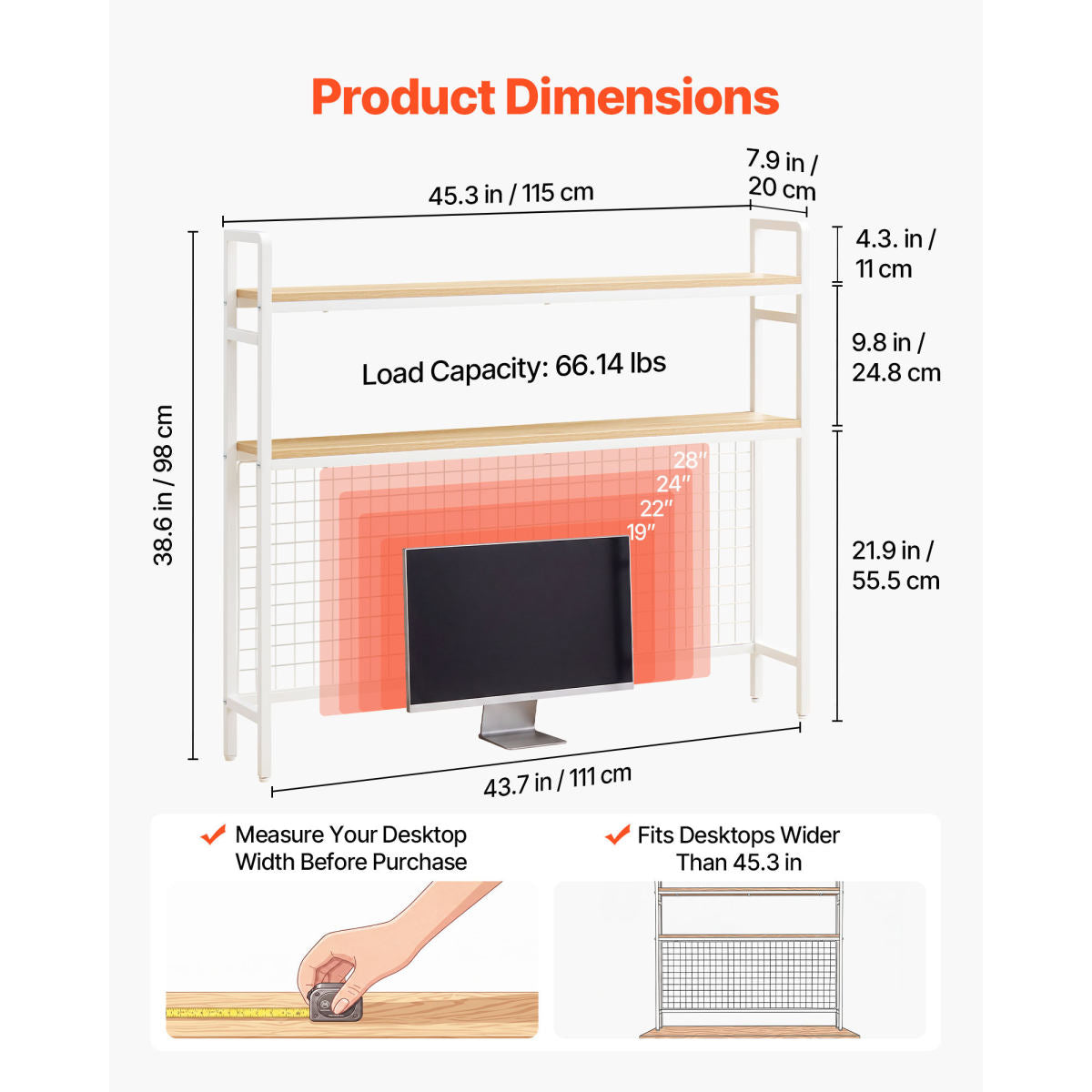 Desktop Bookshelf 3-Tier Countertop Storage Hutch With Grid White, For Computer Desk, Metal Frame And Wooden Shelf, With Non-Slip Feet Pads, Desk Hutch Storage Organizer For Dorm, Home, Office