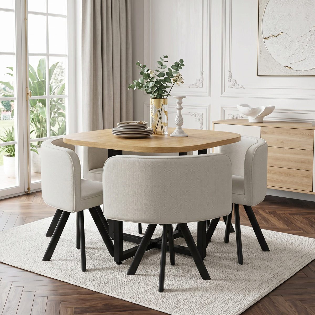 Dining Table And Chairs Set 4, Square Wooden Kitchen Dining Table  85x85   With 4 Chairs For Small Space Home Apartment Living Room, MDF Tabletop, Linen Fabric, Metal Legs,Oak Tabletop  Beige Chair