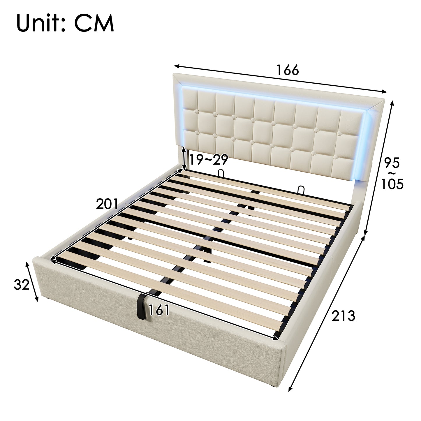 061415AAW Upholstered Bed With Slatted Frame And Storage Space Double Bed Incl. LED Lighting Strip Bed Frame 160x200cm, Storage Bed Functional Bed Cover Made Of Imitation Leather White, Without Matt