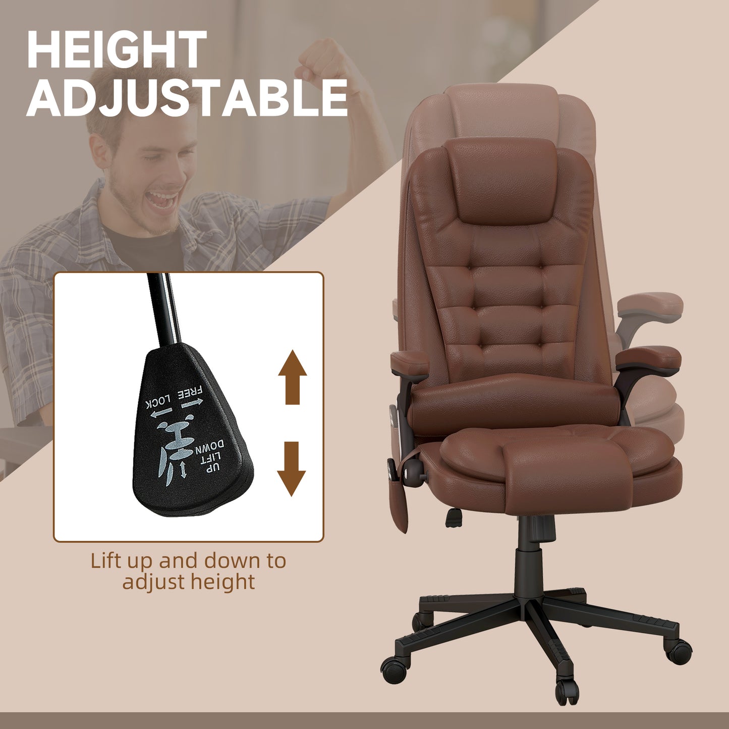 Massage Office Chair, Heated Reclining Computer Chair with 6 Vibration Points, Armrest and Remote, Brown