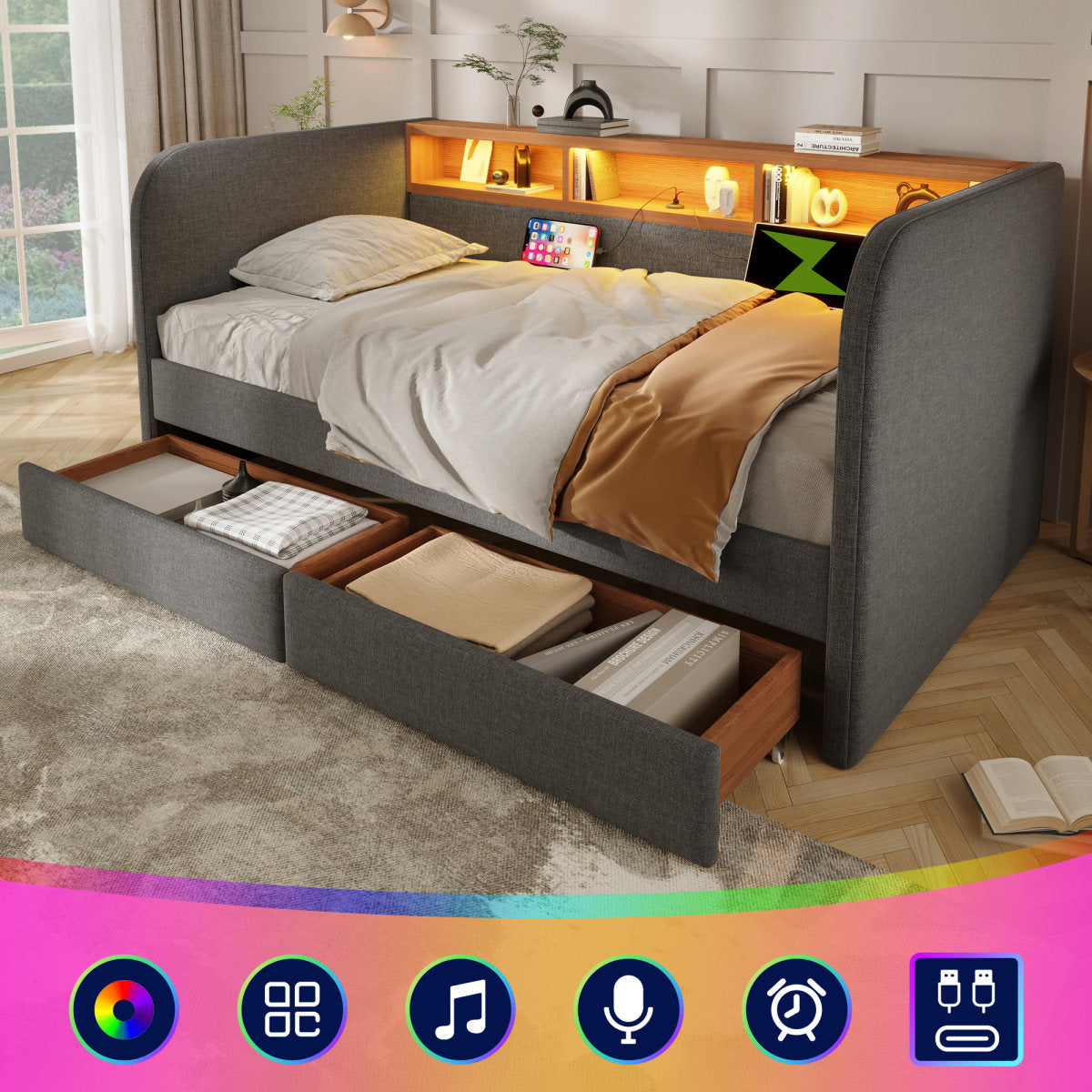 Upholstered Daybed With Headboard Storage, 90 X 190 Cm Single Sofa Bed With LED And USB Type-C Reading Light, 3FT Daybed With 2 Drawers, Linen, Grey   Without Mattress