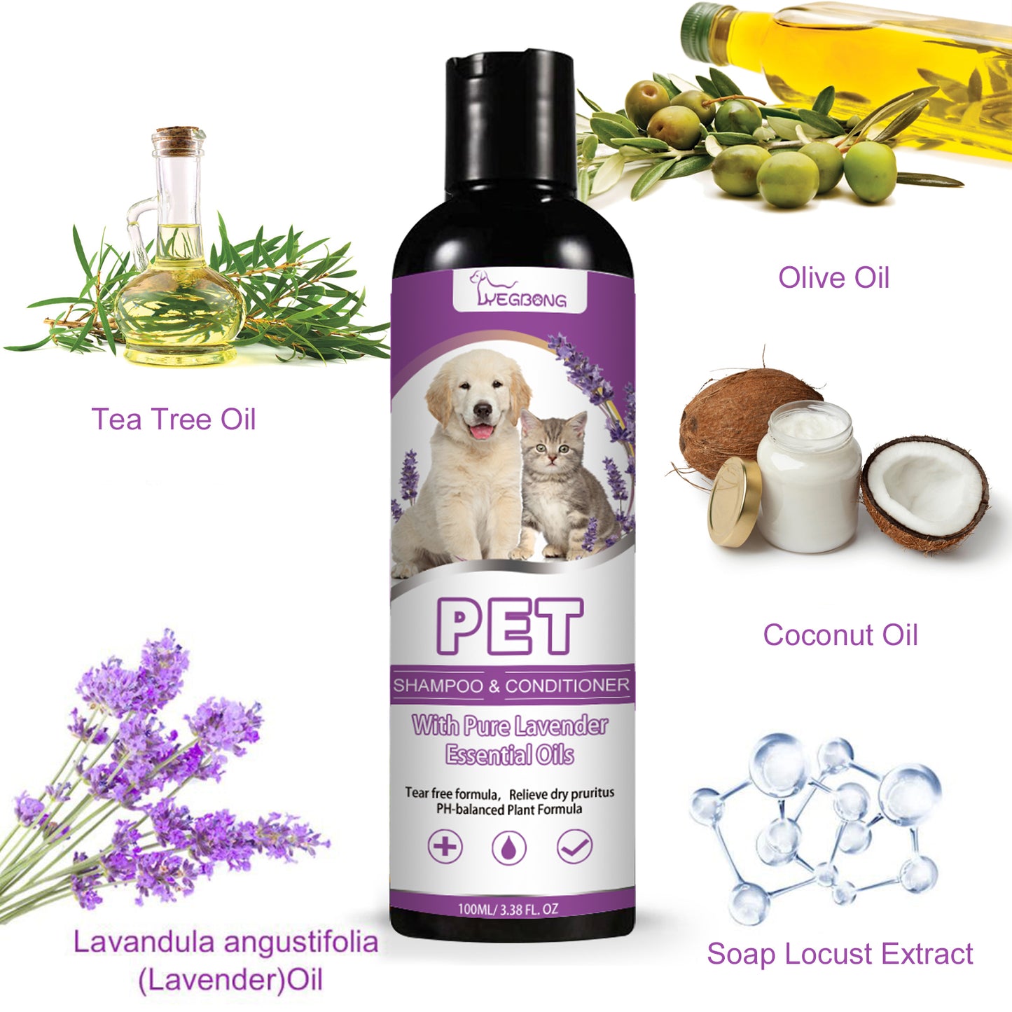 Yegbong Pet Shampoo, Pet Bath Relieves Skin Itchy, Hair Smooth Non-Knotting Shampoo