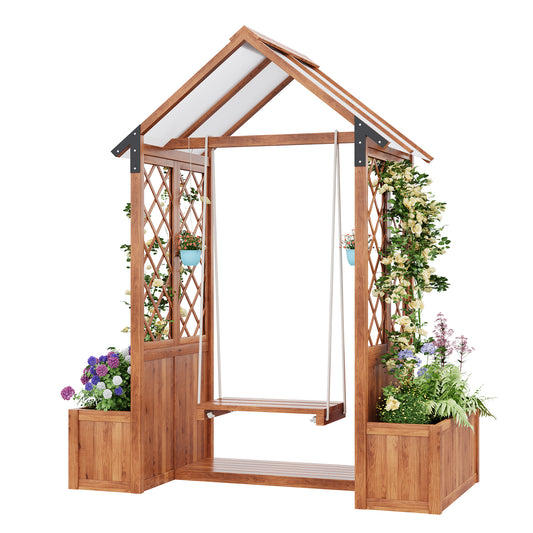 Planter, Outdoor Swing, Planter With Trellis As A Climbing Aid, With Polycarbonate Sun Canopy. Planter Planter, Brown Solid Wood, Suitable For Garden, Yard And Patio