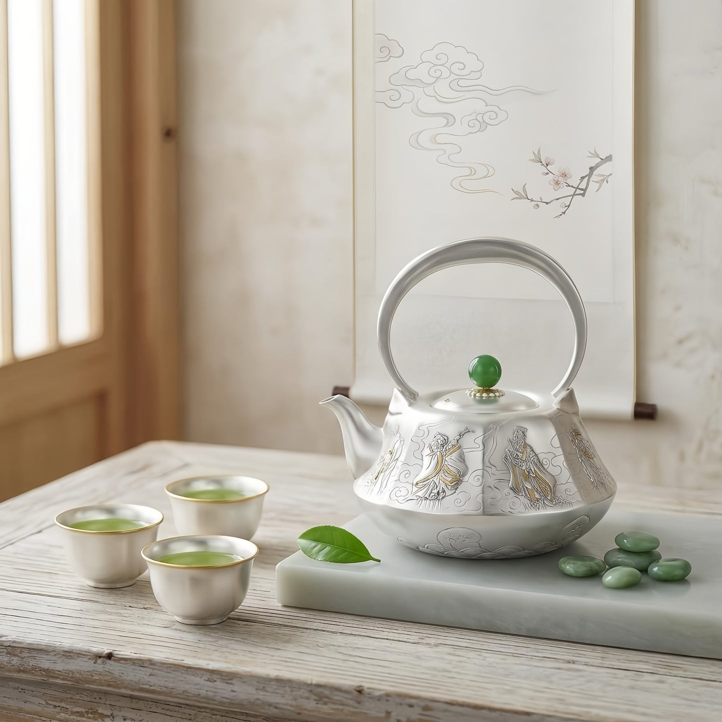 925 Sterling Silver Elegant Silver Tea Kettle Featuring Gilded Traditional Imagery and a Polished Green Jade Accent - Handicraft
