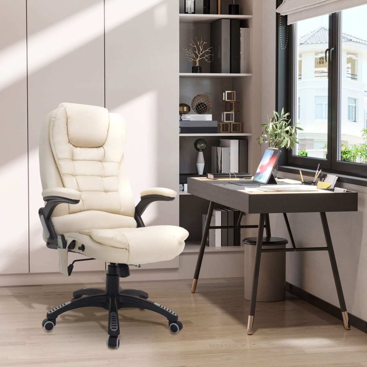 6-Point Massage Office Chair With Seat Heated For Home Office, PU Leather High Back Executive Desk Chair With Adjustable Height And 360Swivel For Work Study, Beige