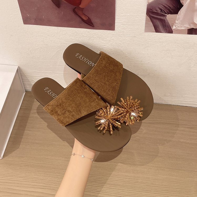 Firework Holiday French Rhinestone Retro Women's Shoes, New Spring Thick-soled One-strap Slippers, Elegant Toe-loop Slides For Outdoor Wear