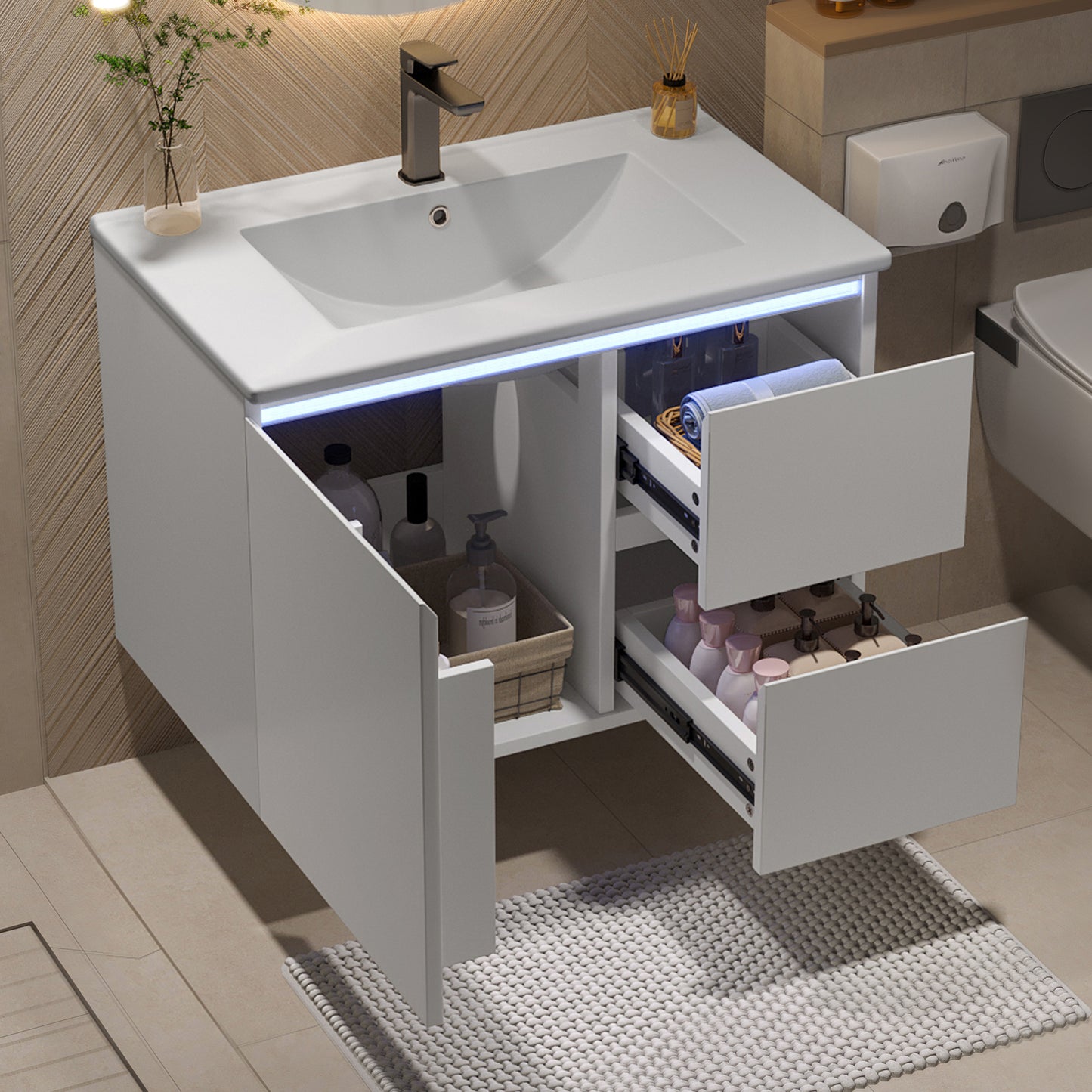 76x46x50cm Wall-hung Bathroom Cabinet, Full Lacquer, LED Radar Sensor Lighting, Washbasin, Two Drawers, Quiet Sliding Rails, Left And Right Shelf, Integrated Washbasin, White