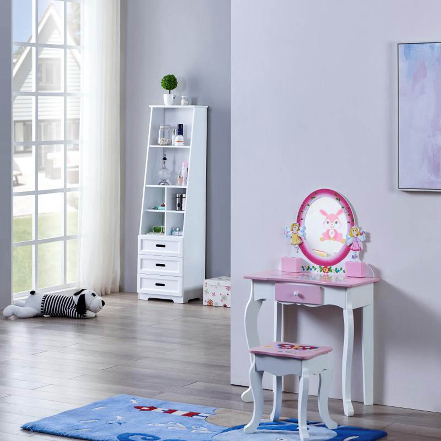 Kids Vanity Set Floral Printed Wooden Makeup Dressing Princess Table With Mirror And Stool For Role Playing Pink
