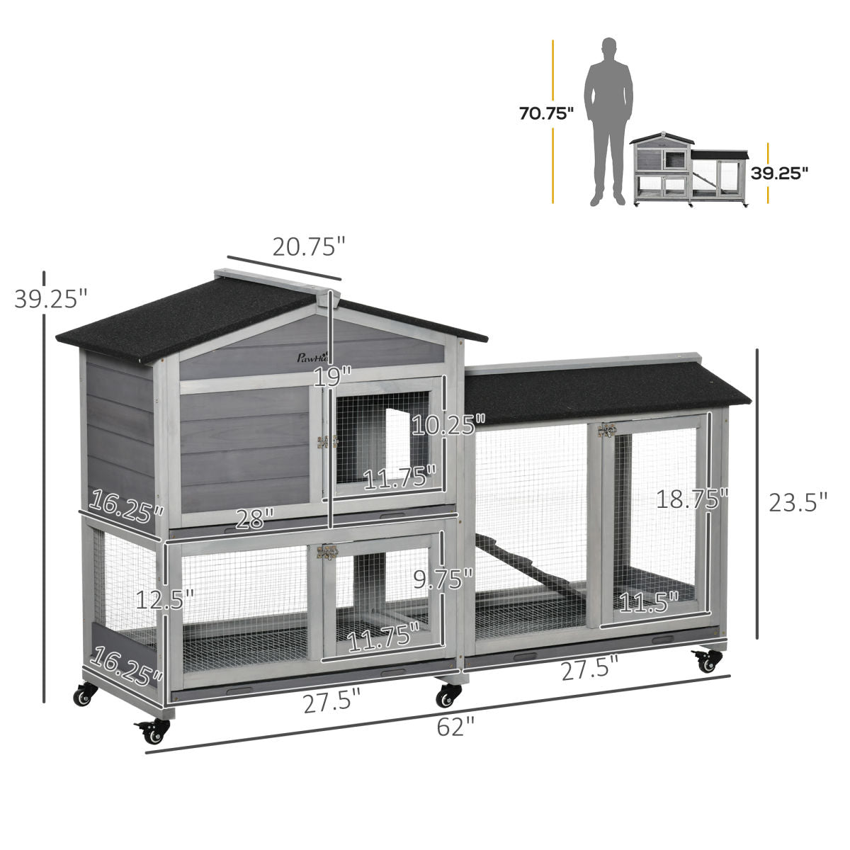 62" Wooden Mobile Rabbit Hutch with Wheels, Run Box, Slide-out Tray, Ramp