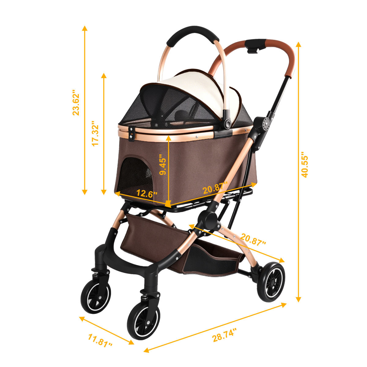 Pet Stroller for Dogs and Cats, 2-in-1 Detachable Foldable 4 Wheels Pet Stroller, Quick One-Hand Fold, Storage Basket, Detachable Carry Basket with Sun Canopy(Khaki++Gold)