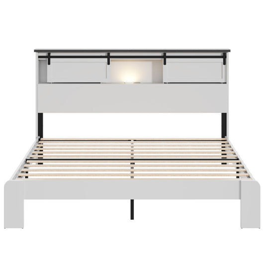 King Metal Bed Frame With Charging Station, No Box Spring, White