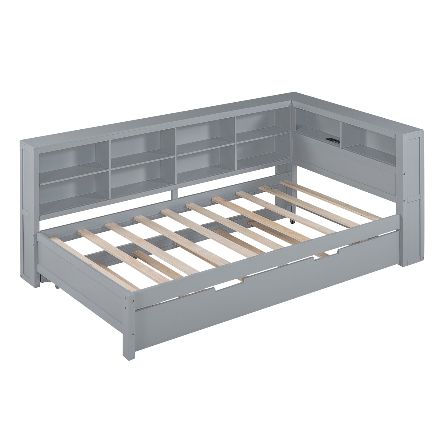 Wooden Twin Size DayBed With Twin Size Trundle, DayBed With Storage Shelf And USB Charging Ports,Grey