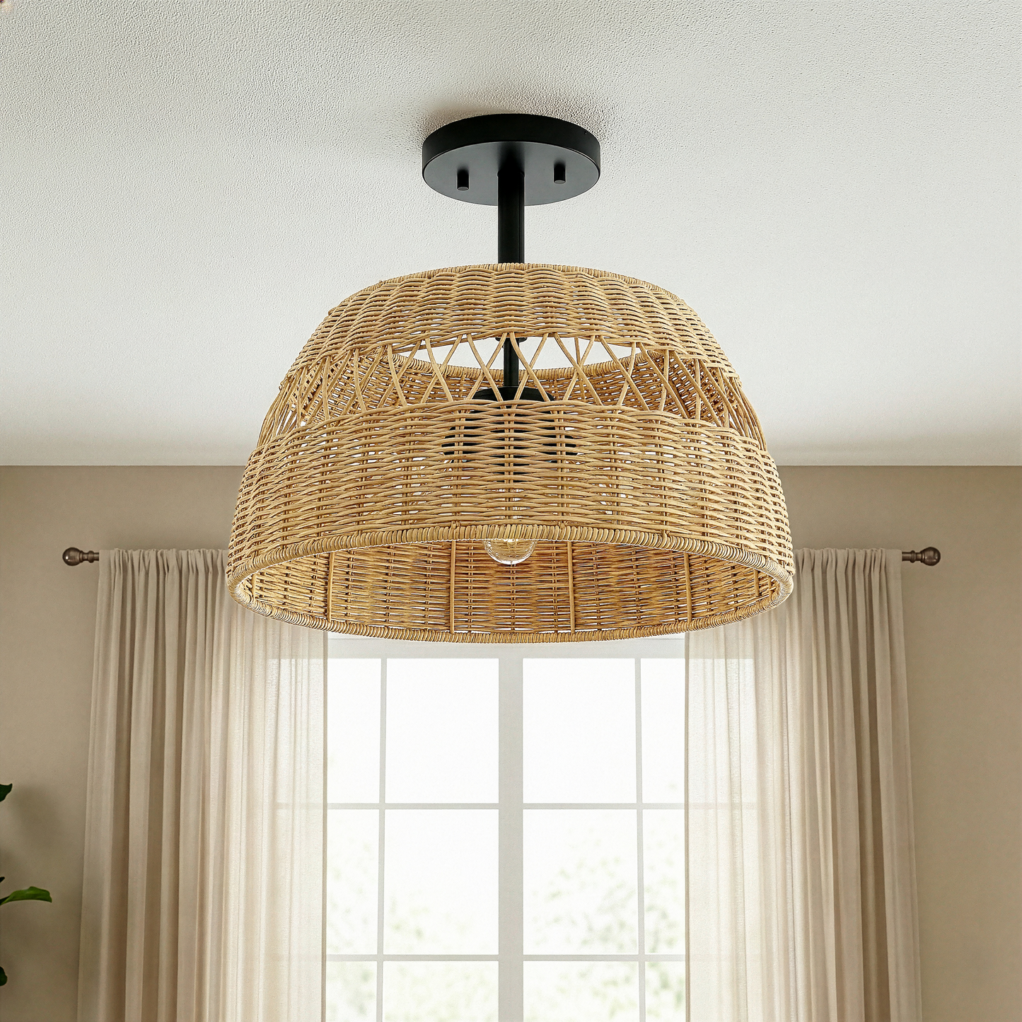 Twinkle Double Lights Semi Flush With Rattan Shade Black Metal Finish For Farmhouse Style Decor 12.6  H X 15  W X 15  D