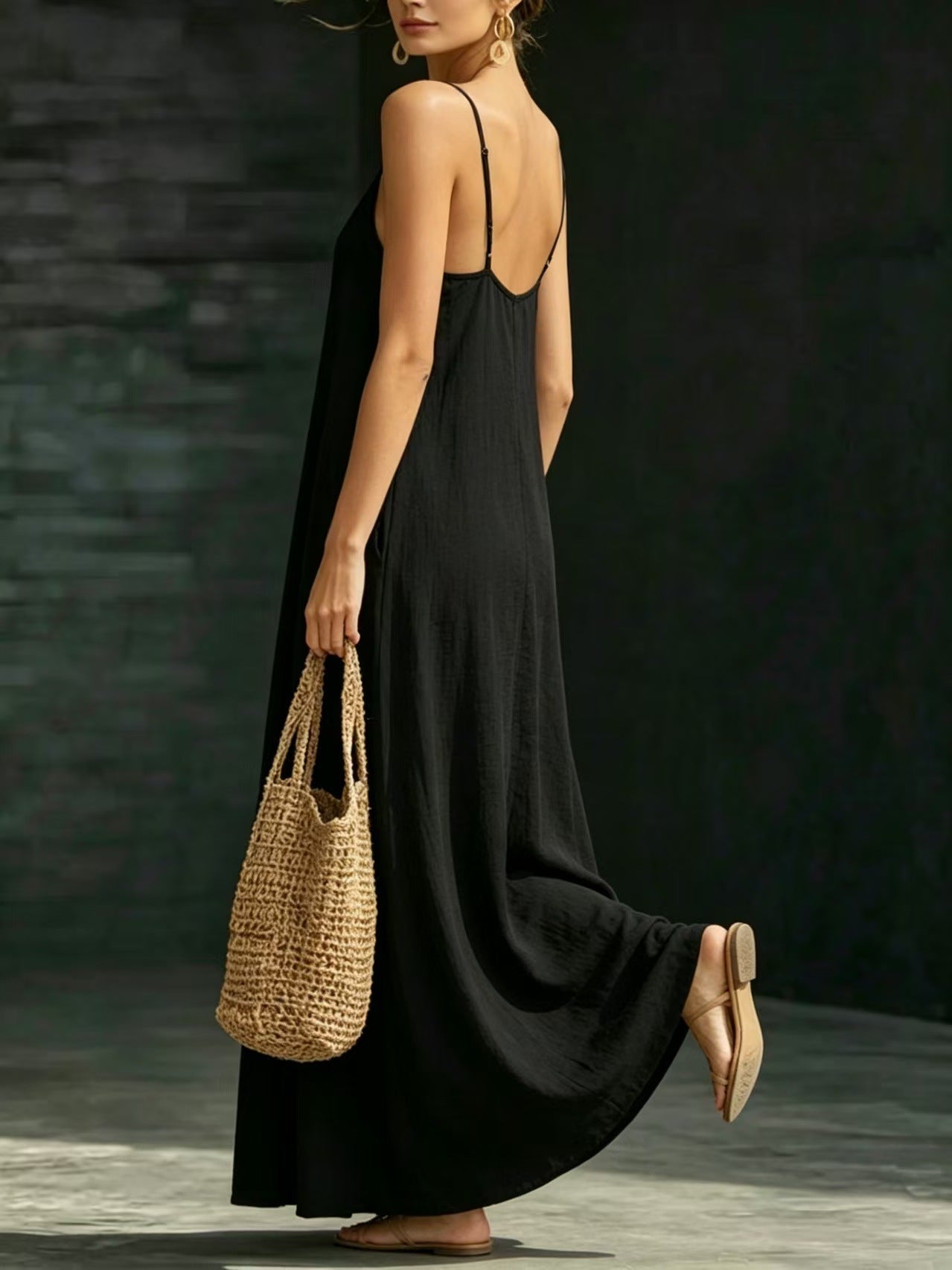 Summer V-Neck Spaghetti Strap Flowy Maxi Dress - Casual Fashion Solid Color Long Dress For Women Vaction Dress
