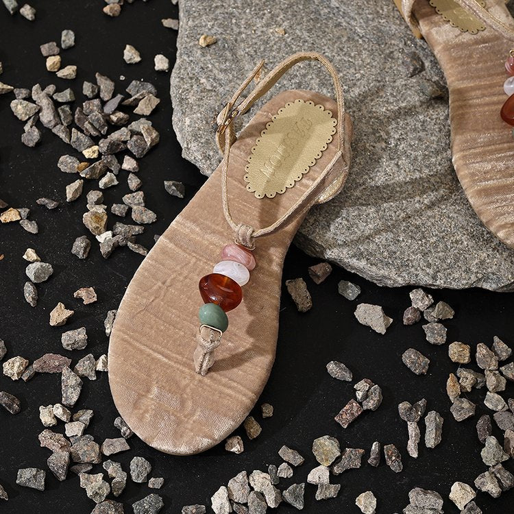 Retro Woven Bead Clip Toe Herringbone Sandals For Women's Summer New Fashion Beach Shoes Agate Slippers