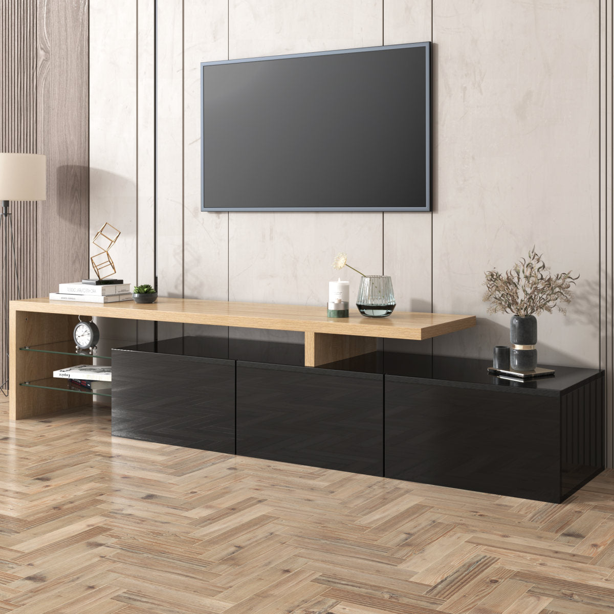 Modern TV Cabinet Design Stylish Elegance, Practical Storage, High-gloss Black, Wood-effect Finish, Glass Shelves, LED Lighting.