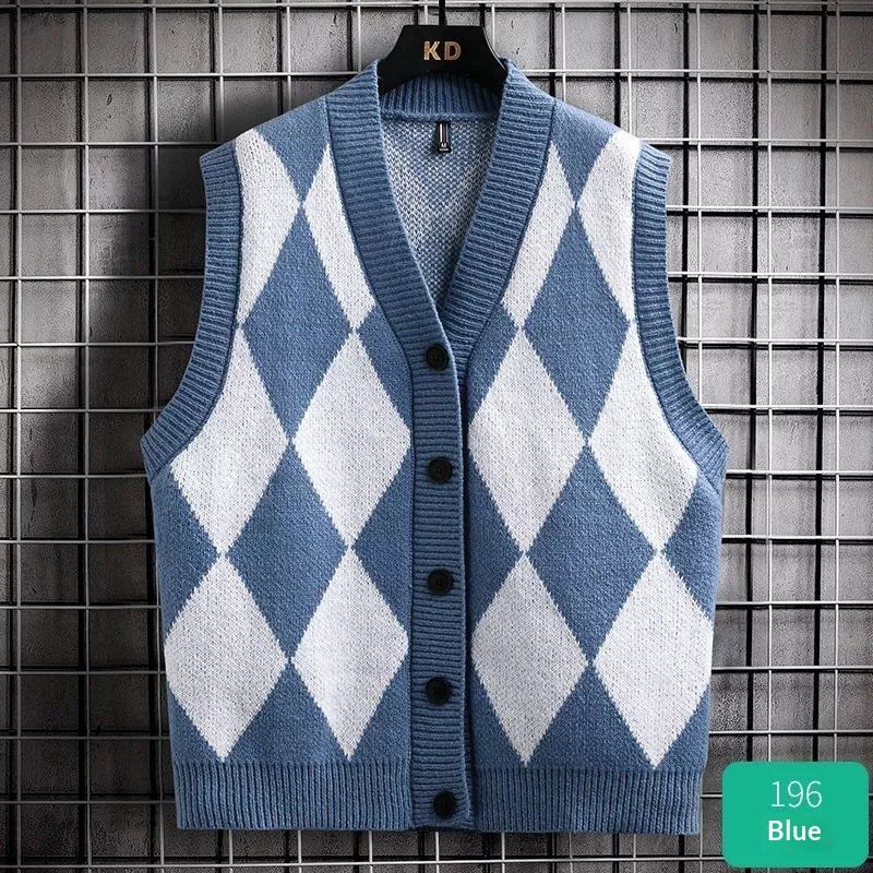 Mens Korean-style Diamond-Pattern Early-Autumn Knitted Vest For Teens