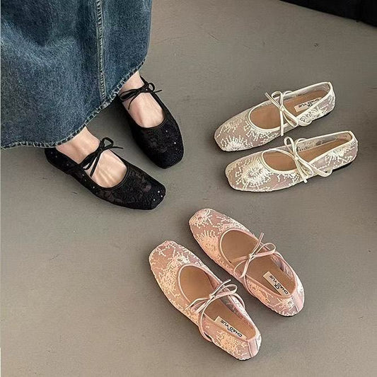 Women Breathable Mesh Mary Jane Shoes, New Spring Summer Low Cut Fairy Style Pumps, Bowknot Design Hidden Wedge Heels